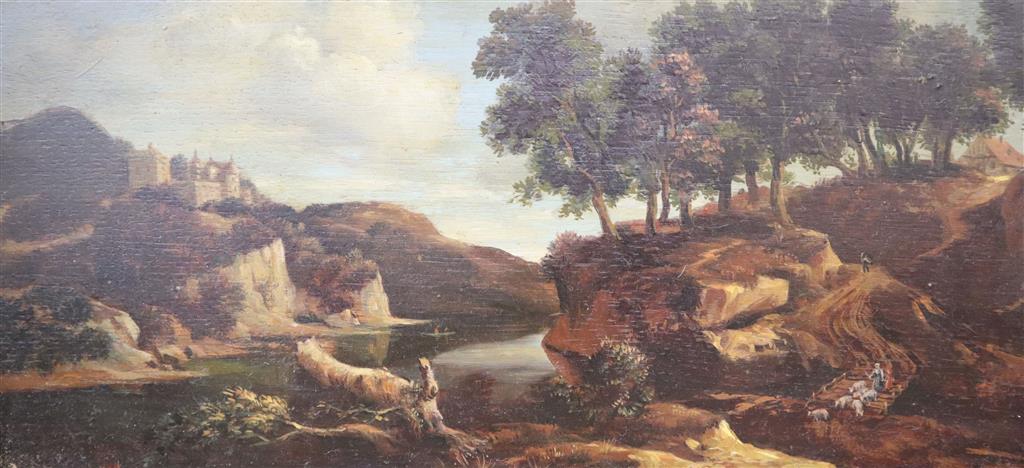 Van de Lughen, oil on wooden panel, Wooded river landscape with figures, 17 x 35cm